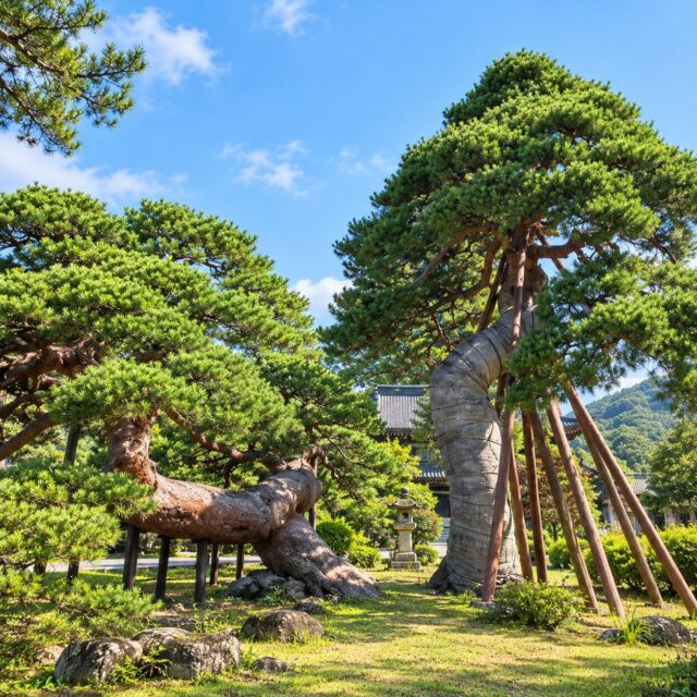 遠照寺の夫婦松｜樹齢約500年のアカマツ2本、別名「鶴亀の松」の魅力